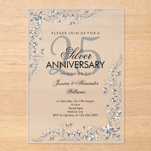 Silver Decoration 25th Wedding Jubileum Acryl Uitnodigingen (Voorkant)