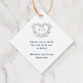Silver decorative hartmonogram donkerblauwe bruilo bedankjes labels (Achterkant)