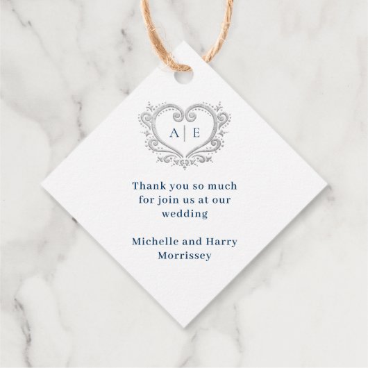 Silver decorative hartmonogram donkerblauwe bruilo bedankjes labels (Achterkant)