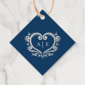 Silver decorative hartmonogram donkerblauwe bruilo bedankjes labels (Voorkant)
