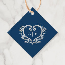 Silver decorative hartmonogram donkerblauwe bruilo bedankjes labels