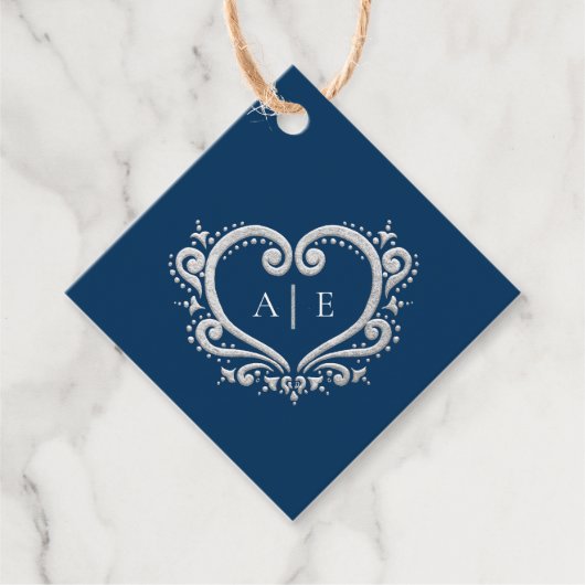 Silver decorative hartmonogram donkerblauwe bruilo bedankjes labels (Voorkant)