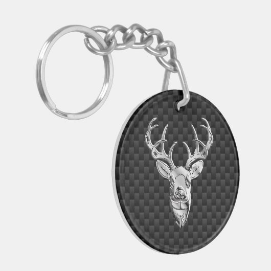 Silver Deer Buck op koolstofvezelstijldecor Sleutelhanger (Voorkant Links)
