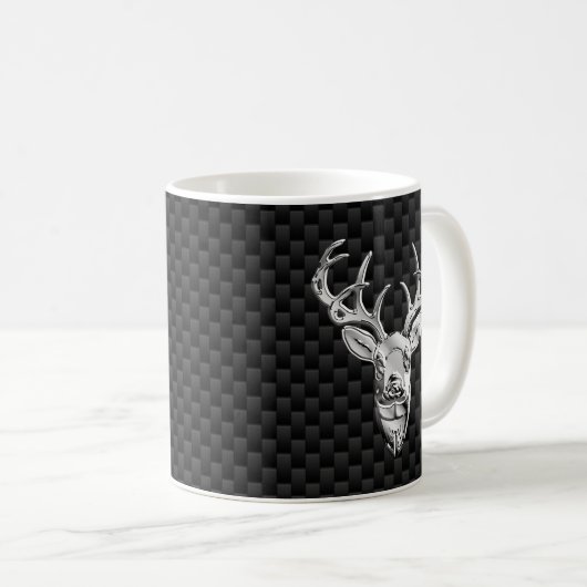 Silver Deer Decor on Carbon Fibre Style Print Koffiemok (Voorkant rechts)