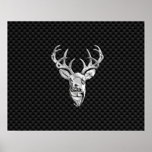 Silver Deer Head op een koolstofvezelstijldecor Poster
