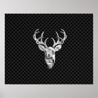 Silver Deer Head op een koolstofvezelstijldecor Poster