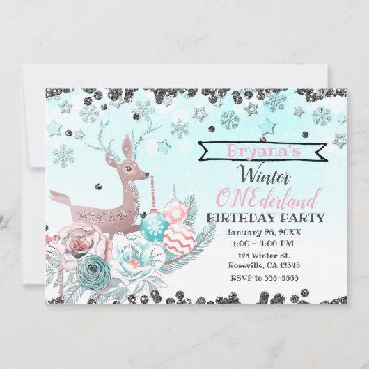 Silver Deer Winter ONEderland 1e verjaardagsfeestj Kaart (Voorkant)