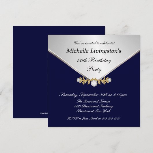 Silver Diamond Brooch Navy Blue Womens Invitations Kaart (Voorkant / Achterkant)