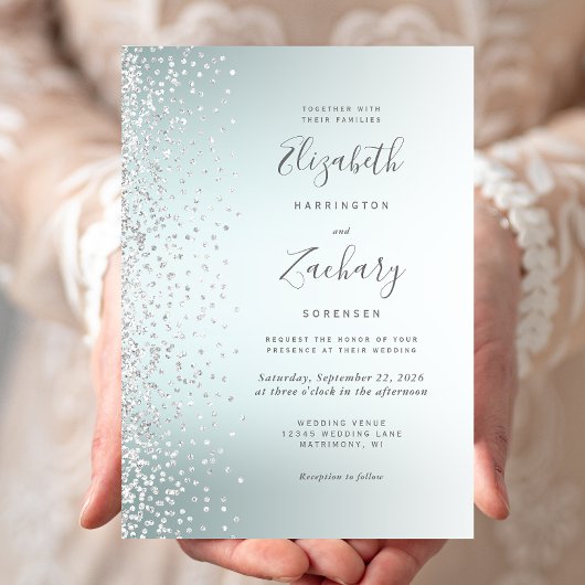 Silver Diamond Confetti Aqua Ombre Wedding Kaart