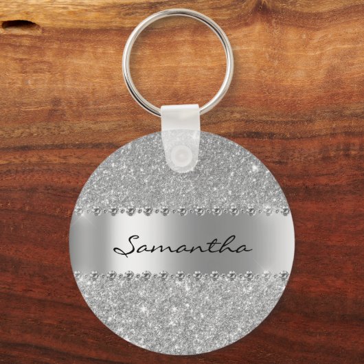 Silver Diamond Glitter Bling Metallic Monogram Sleutelhanger (Voorkant)