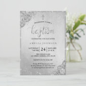 Silver Diamond Lace Cross doop uitnodiging (Staand voorkant)