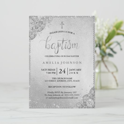 Silver Diamond Lace Cross doop uitnodiging (Staand voorkant)