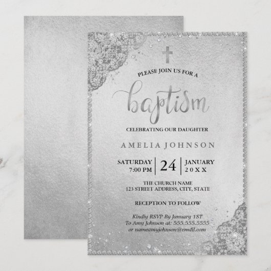 Silver Diamond Lace Cross doop uitnodiging (Voorkant / Achterkant)