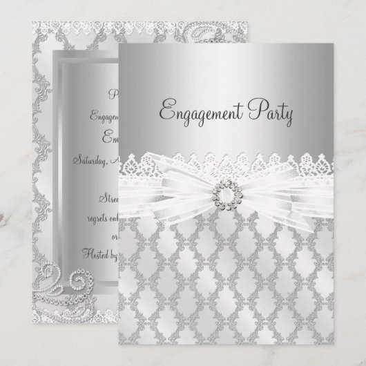 Silver Diamond & Lace Engagement Party - Uitnodigi Kaart (Voorkant / Achterkant)