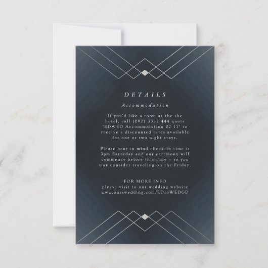 Silver Diamond Navy Geometric Deco Gatsby Wedding RSVP Kaartje (Voorkant)