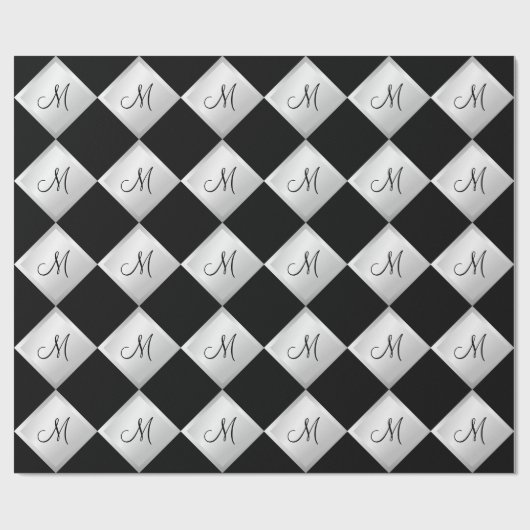Silver Diamond Pattern Monogram Wrapping Paper Cadeaupapier (Vlak)