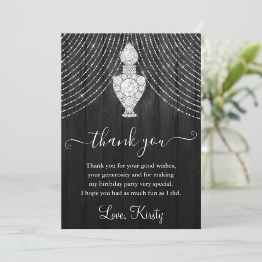 Silver Diamond Perfume Bottle Birthday Party Bedankkaart (Staand voorkant)