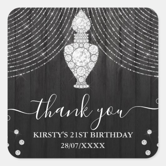 Silver Diamond Perfume Bottle Birthday Party Vierkante Sticker (Voorkant)