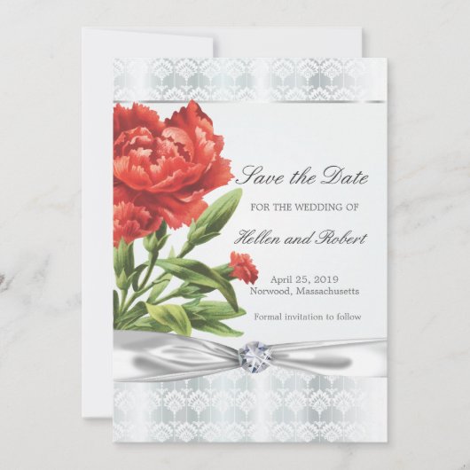 Silver Diamond & Red Flower Elegant Save the Date (Voorkant)