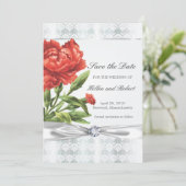 Silver Diamond & Red Flower Elegant Save the Date (Staand voorkant)