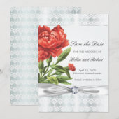 Silver Diamond & Red Flower Elegant Save the Date (Voorkant / Achterkant)