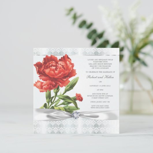 Silver Diamond & Red Flower Elegant Wedding Kaart (Staand voorkant)