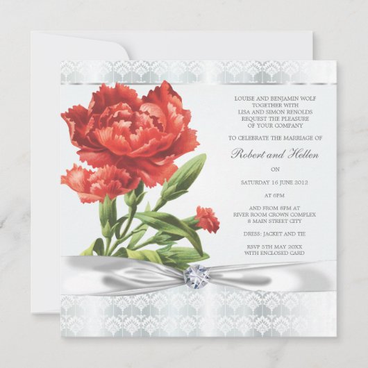 Silver Diamond & Red Flower Elegant Wedding Kaart (Voorkant)