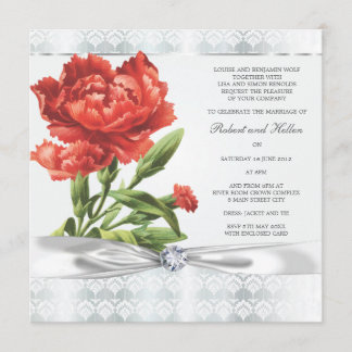 Silver Diamond & Red Flower Elegant Wedding Kaart
