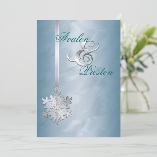 Silver Diamond Snowflake Blauwgroen Foil Invitatio Kaart (Staand voorkant)