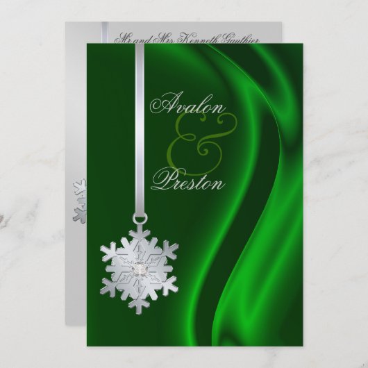 Silver Diamond Snowflake Green Silk Invitation Kaart (Voorkant / Achterkant)