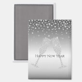 Silver Diamond Sparkle Champagne Glass New Year's Magneet (Voorkant / Achterkant)