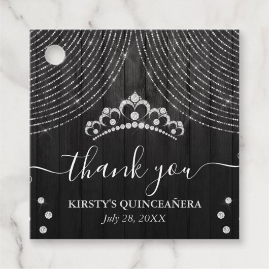 Silver Diamond Tiara op Black Wood Quinceanera Bedankjes Labels (Voorkant)