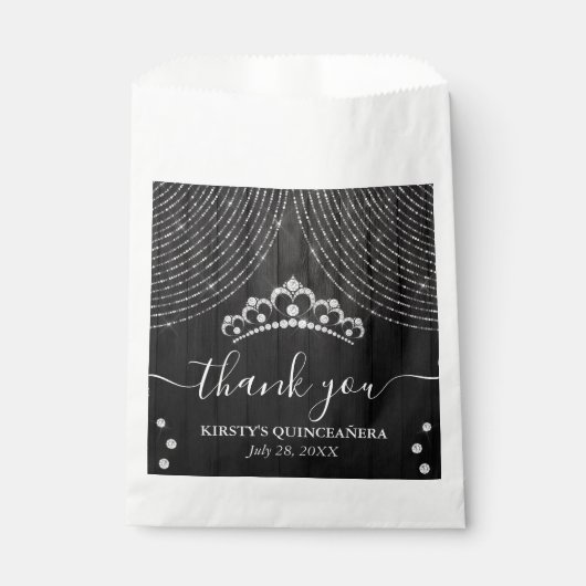 Silver Diamond Tiara op Black Wood Quinceanera Bedankzakje (Voorkant)