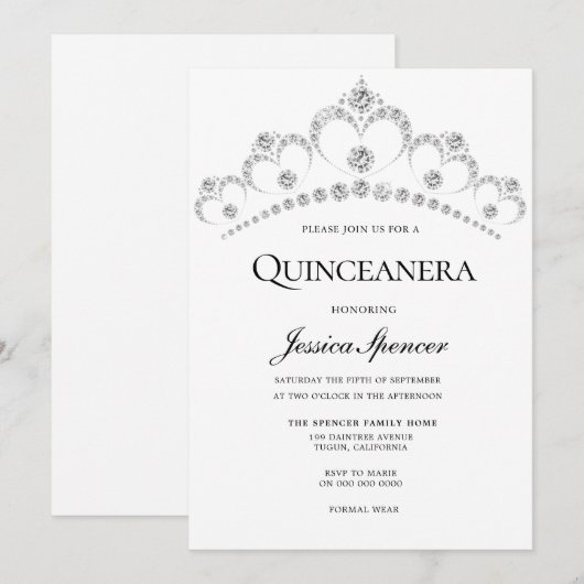 Silver Diamond Tiara Quinceanera Party Invite Kaart (Voorkant / Achterkant)