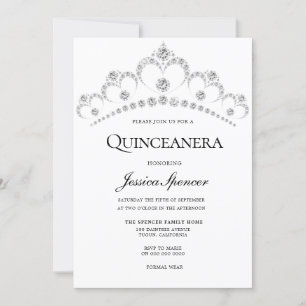 Silver Diamond Tiara Quinceanera Party Invite Kaart