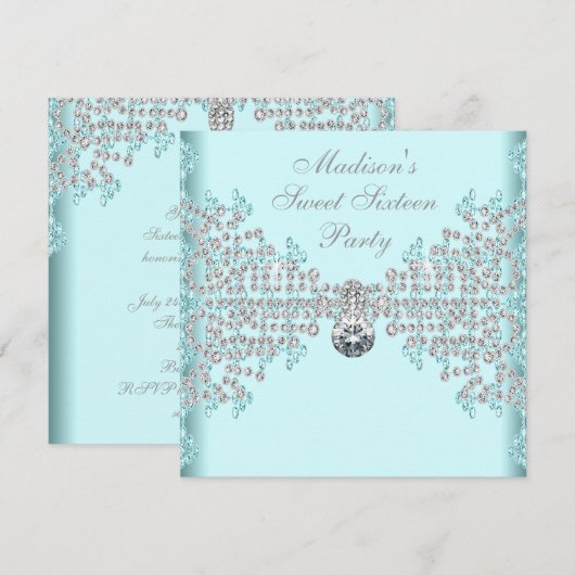 Silver Diamonds Blauwgroen Blue Sweet 16 Birthday  Kaart (Voorkant / Achterkant)