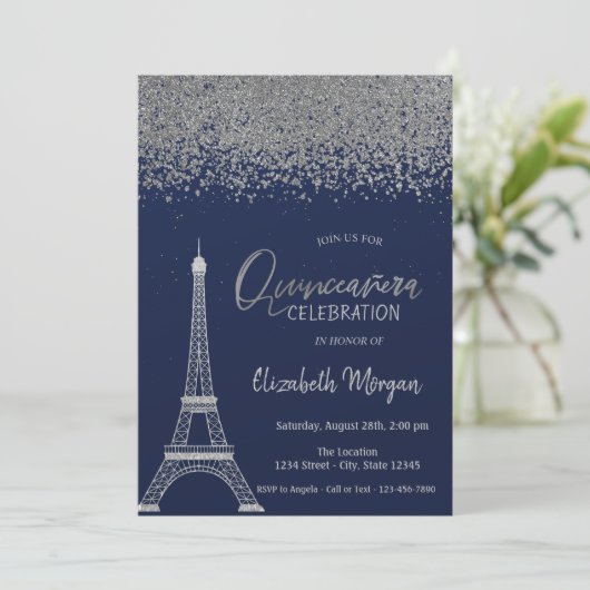 Silver Diamonds, Eiffel Tower Navy Blue Quinceaner Kaart (Staand voorkant)