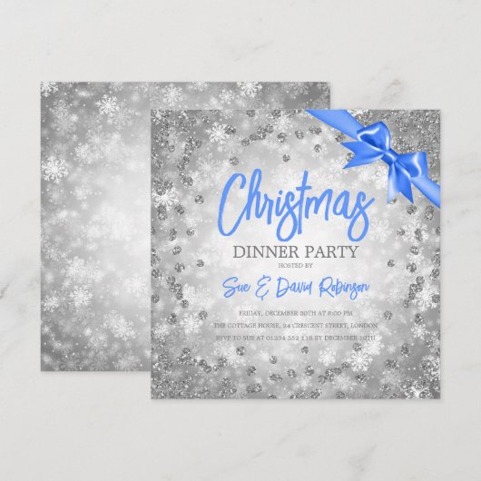Silver Diamonds Glitter Blue Ribbon Kerstmis (Voorkant / Achterkant)