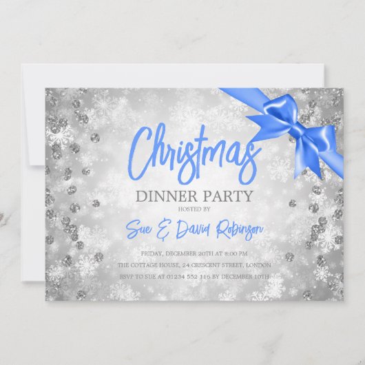 Silver Diamonds Glitter Blue Ribbon Kerstmis Kaart (Voorkant)