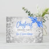 Silver Diamonds Glitter Blue Ribbon Kerstmis Kaart (Staand voorkant)
