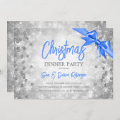 Silver Diamonds Glitter Blue Ribbon Kerstmis Kaart (Voorkant / Achterkant)