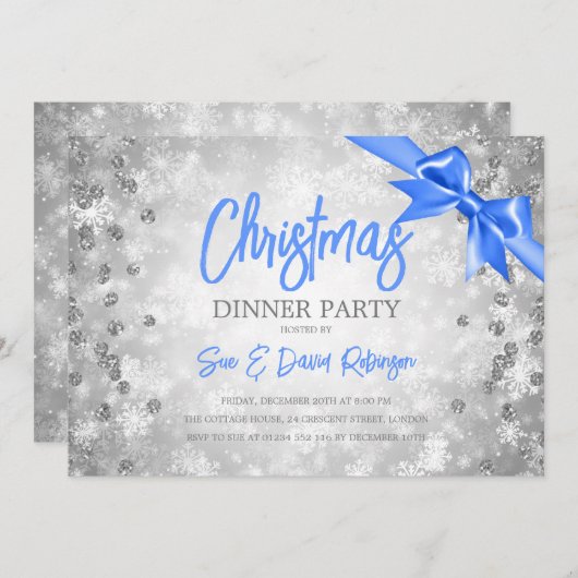 Silver Diamonds Glitter Blue Ribbon Kerstmis Kaart (Voorkant / Achterkant)
