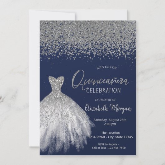 Silver Diamonds, Glitter Dress Blue Quinceañera Kaart (Voorkant)