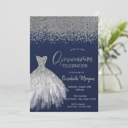 Silver Diamonds, Glitter Dress Blue Quinceañera Kaart (Staand voorkant)
