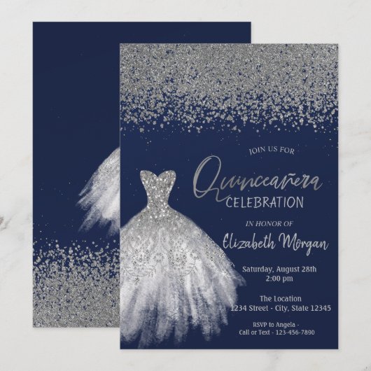 Silver Diamonds, Glitter Dress Blue Quinceañera Kaart (Voorkant / Achterkant)