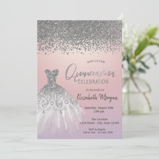 Silver Diamonds, Glitter Dress Pink Quinceañera Kaart (Staand voorkant)