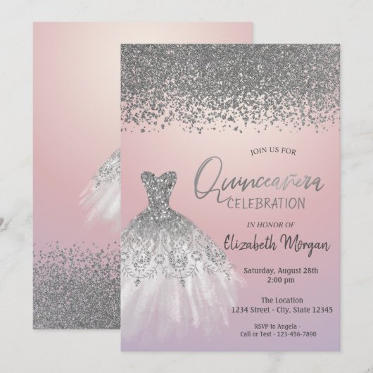 Silver Diamonds, Glitter Dress Pink Quinceañera Kaart (Voorkant / Achterkant)