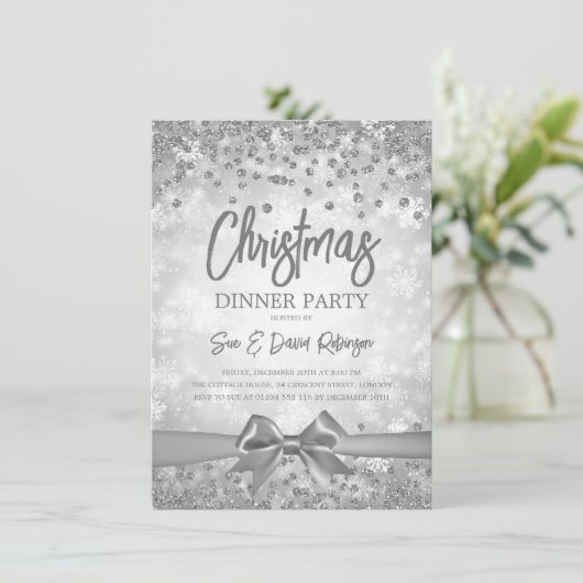 Silver Diamonds Glitter Ribbon-kerstavond Kaart (Staand voorkant)
