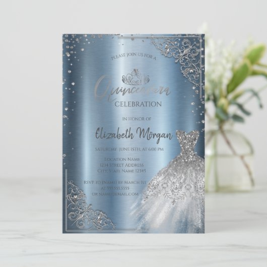 Silver Diamonds Lijst Jurk Quinceañera Kaart (Staand voorkant)