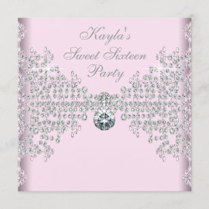 Silver Diamonds Pink Sweet 16 Birthday Party Kaart